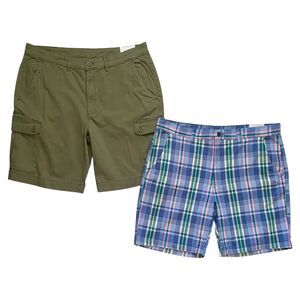 2pc Lot Mens St. John’s Bay Flat Front Shorts Stretch Cargo Green Plaid Size 40